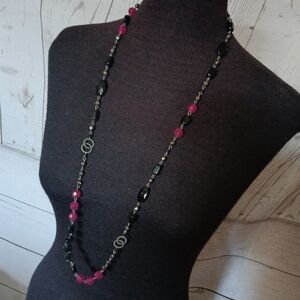 Lia Sophia Raspberry Splash necklace gunmetal links with black, raspberry beads